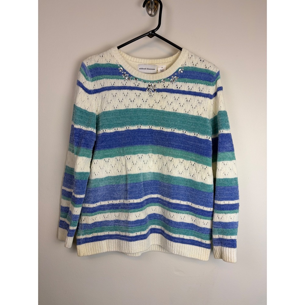 Alfred Dunner Sweater Small Blue Teal Striped Rhinestone Chenille Knit Grandma